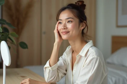 Femme examinant sa peau dans un cadre serein et moderne