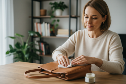 Femme appliquant soin à un sac en cuir dans un intérieur cosy