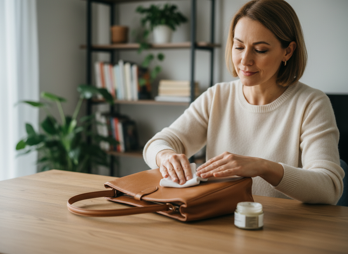 Femme appliquant soin à un sac en cuir dans un intérieur cosy