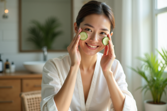 Femme appliquant des tranches de concombre sur le visage