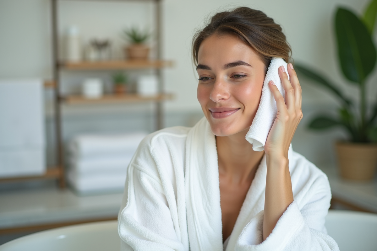 Femme en peignoir blanc appliquant une serviette chaude sur le visage