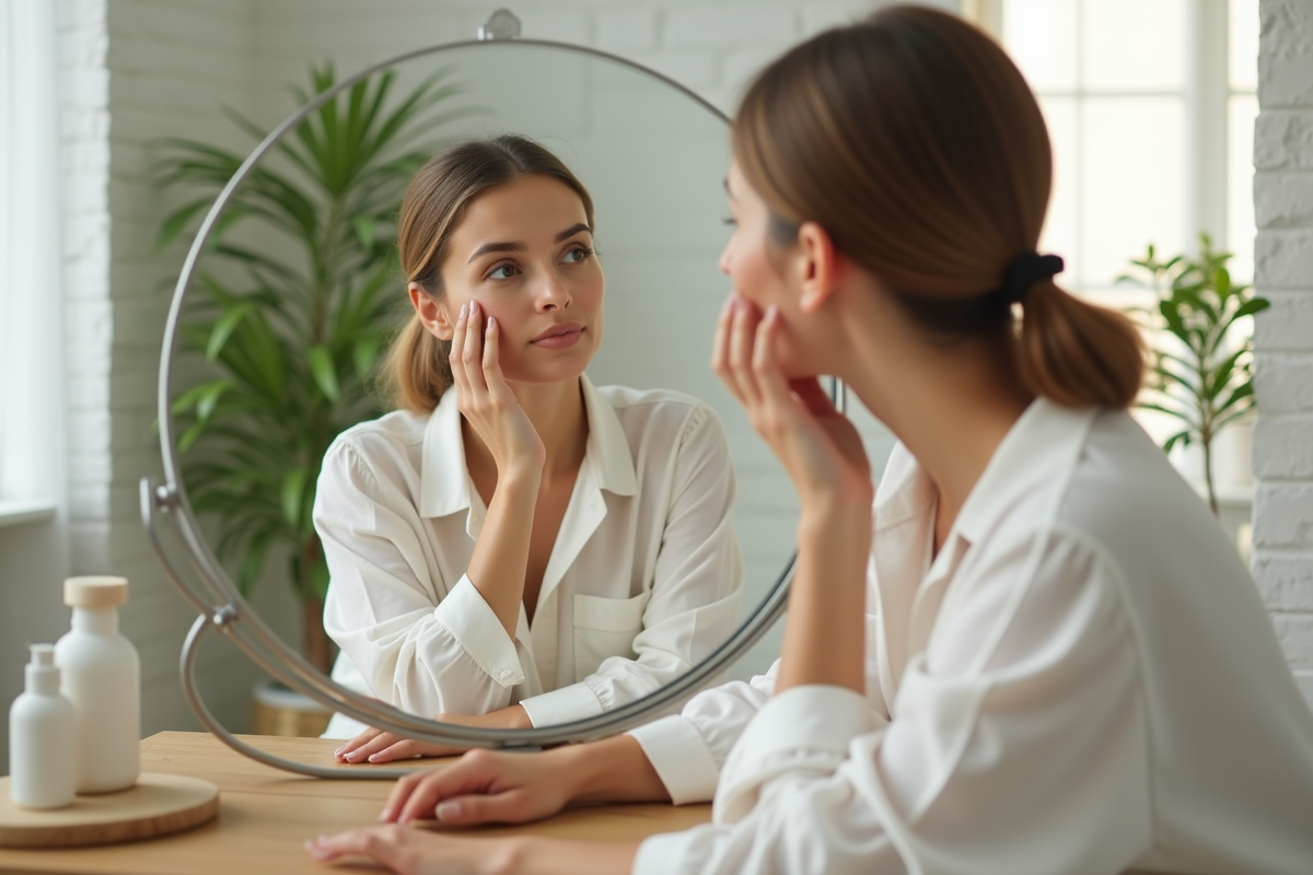 Femme appliquant une huile visage dans un miroir lumineux
