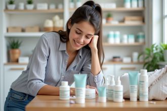 Jeune femme examine des produits de soin en pharmacie