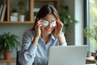 Femme appliquant des patchs sous les yeux dans un bureau à domicile