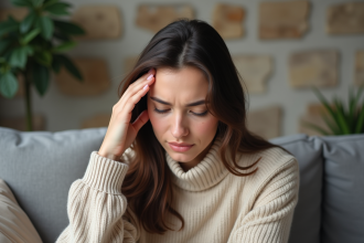 Femme en intérieur touchant ses cheveux avec une expression pensive