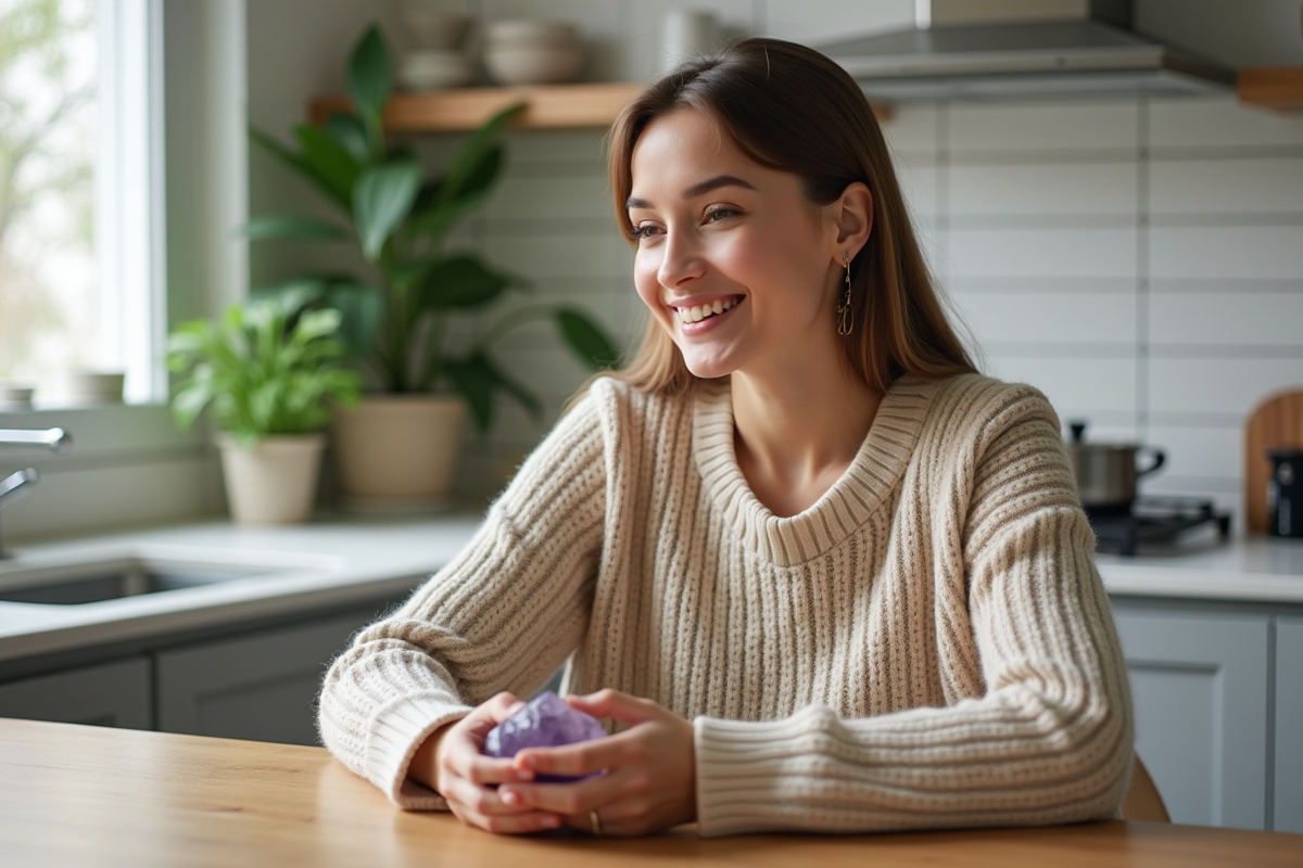 Femme souriante tenant une pierre polie dans une cuisine lumineuse