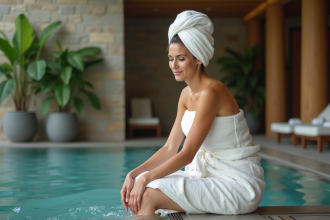 Femme détendue dans un spa avec serviette blanche