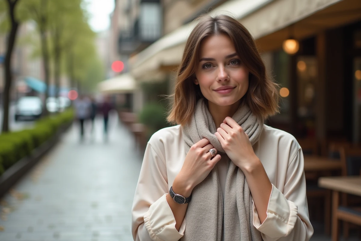 Femme en style urbain ajustant son foulard en extérieur