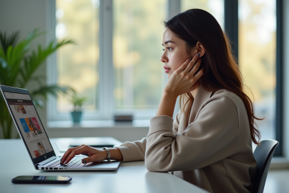 Jeune femme travaillant sur un ordinateur avec Vinted ouvert
