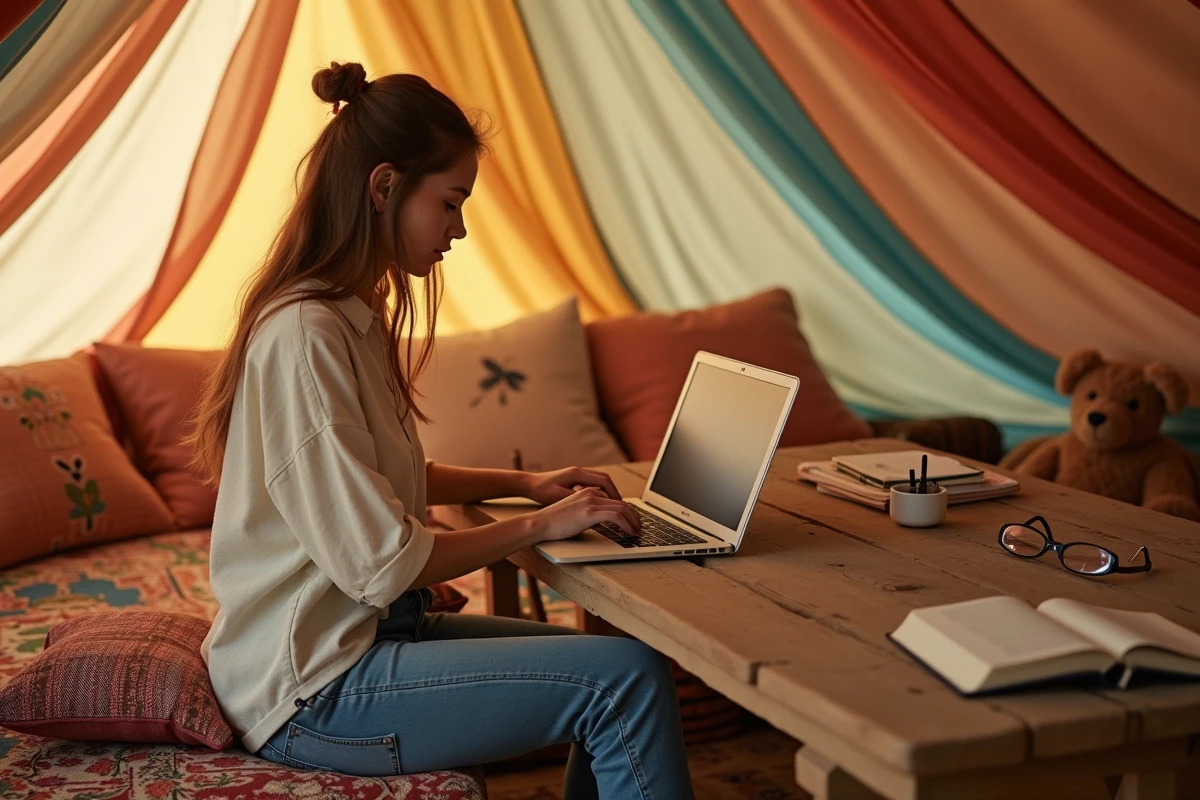 Jeune femme travaillant sur un ordinateur dans une tente nomade