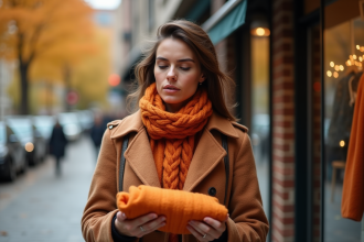 Femme en manteau rustique examine un pull ocre en ville