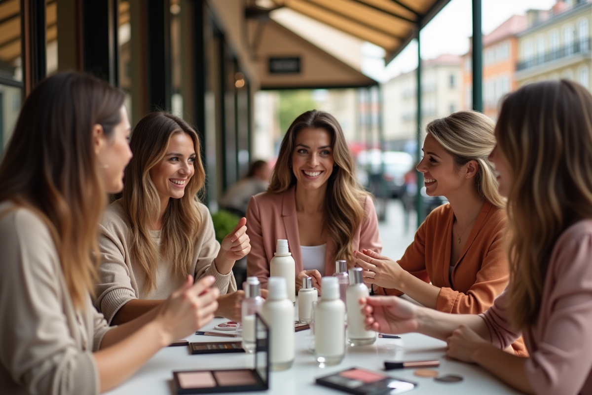 Groupe de femmes discutant de produits cosmétiques en terrasse
