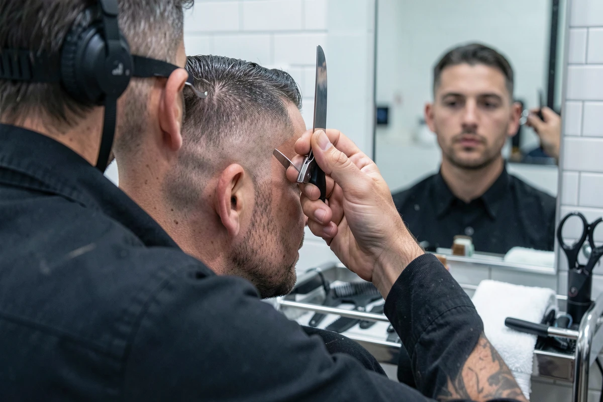 Barbier utilisant un rasoir pour définir la nuque et les tempes lors d'une coupe taper homme en finition