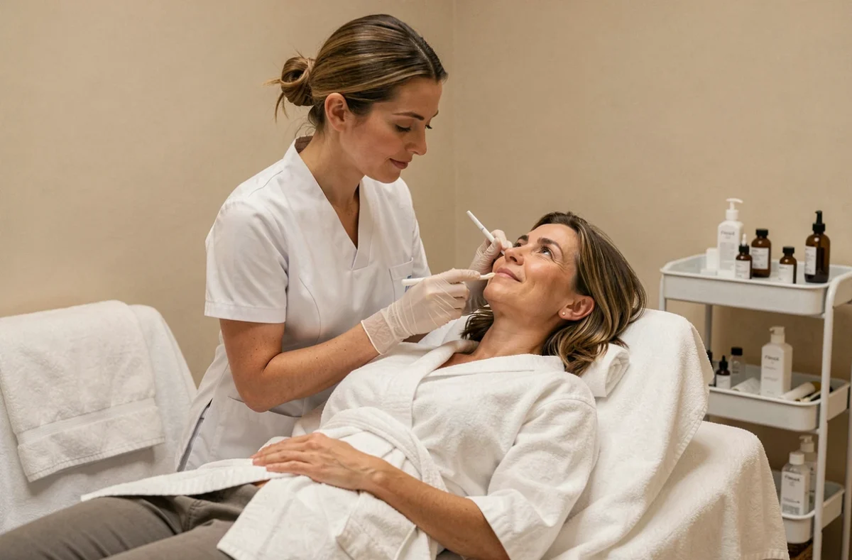 Esthéticienne professionnelle réalisant un soin du visage sur une cliente à l'institut Fiona Beauté de Pontault-Combault