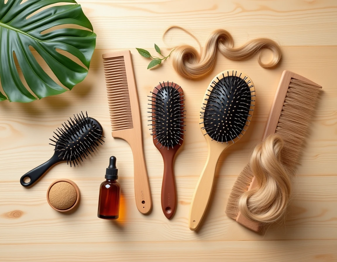 Vue de dessus de plusieurs types de brosses pour cheveux ondulés disposées en flat lay sur une surface en bois de chêne clair