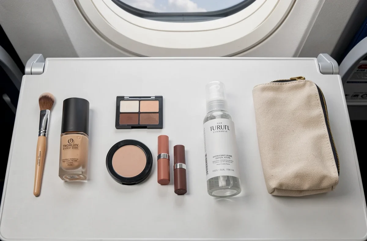 Flat lay de produits maquillage voyage miniatures organisés sur une tablette d'avion pour trousse cabine optimisée