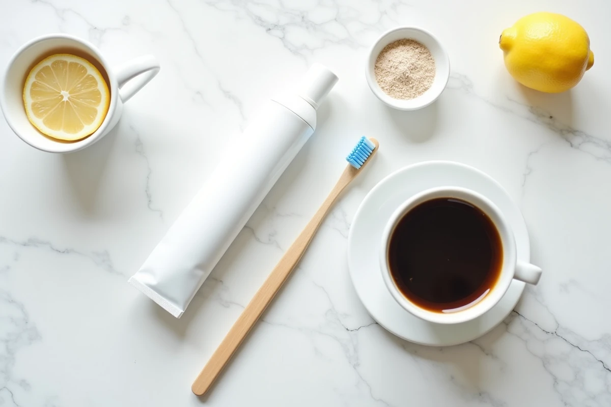Flat-lay de produits de soin dentaire et tasse d'espresso pour des dents blanches malgré le café