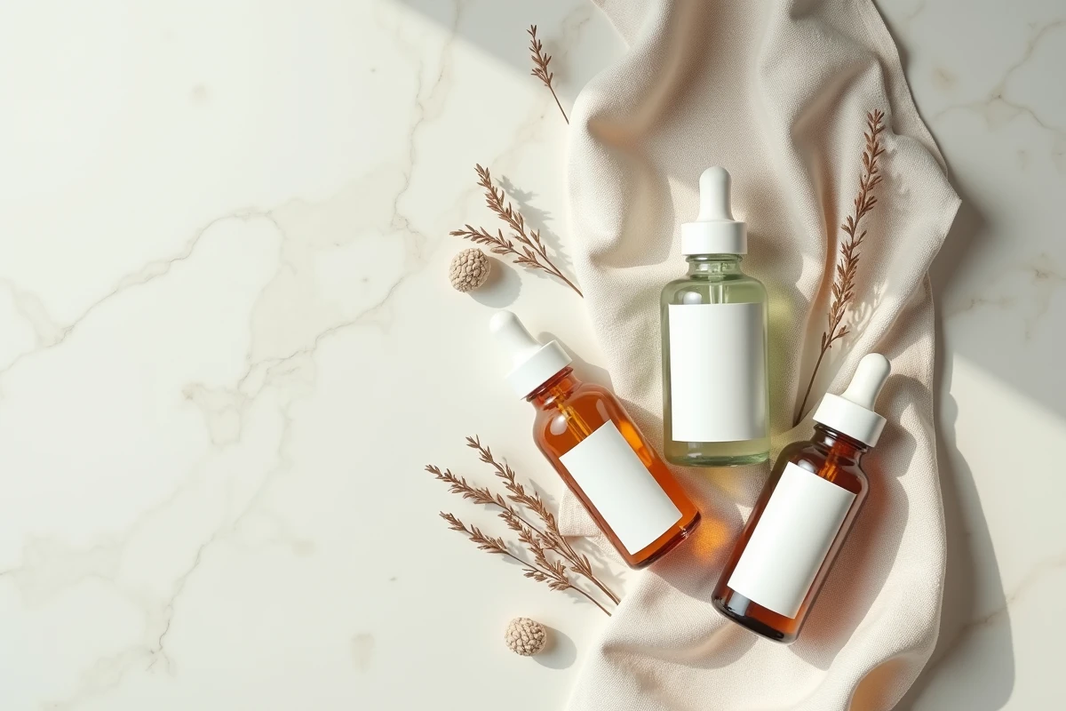 Flatlay de sérums compatibles pour une routine rétinol et vitamine C sur surface en pierre naturelle