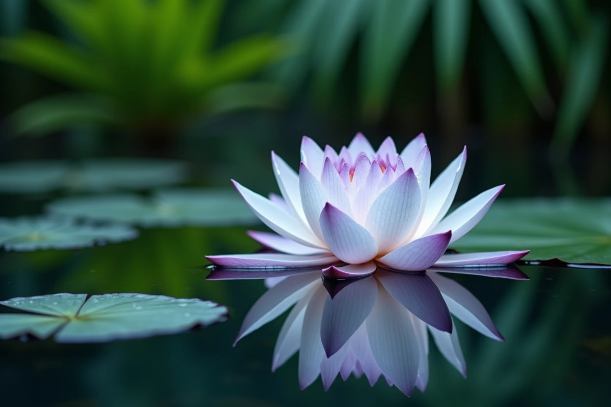 Fleur de lotus blanc et violet en pleine floraison sur un étang naturel, symbolisant la pureté et la signification spirituelle des différentes couleurs de lotus en tatouage