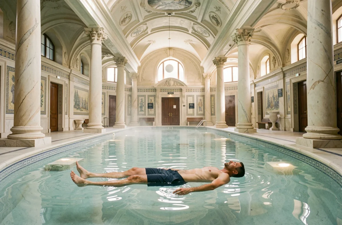 Piscine thermale monumentale du Grand Spa Thermal de Brides-les-Bains avec colonnes en marbre et mosaïques