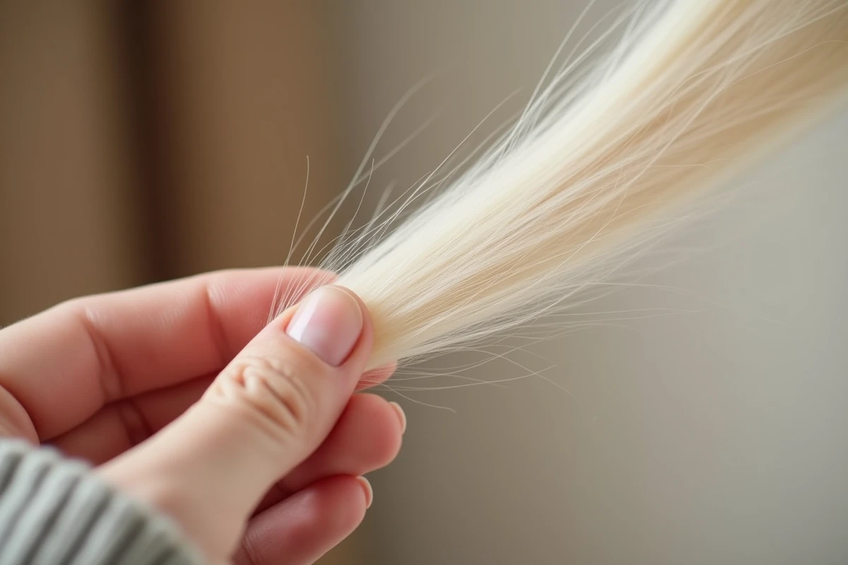 Gros plan sur des cheveux blancs avec une légère teinte ambrée, illustrant l'effet colorant de la bétadine sur cheveux blancs