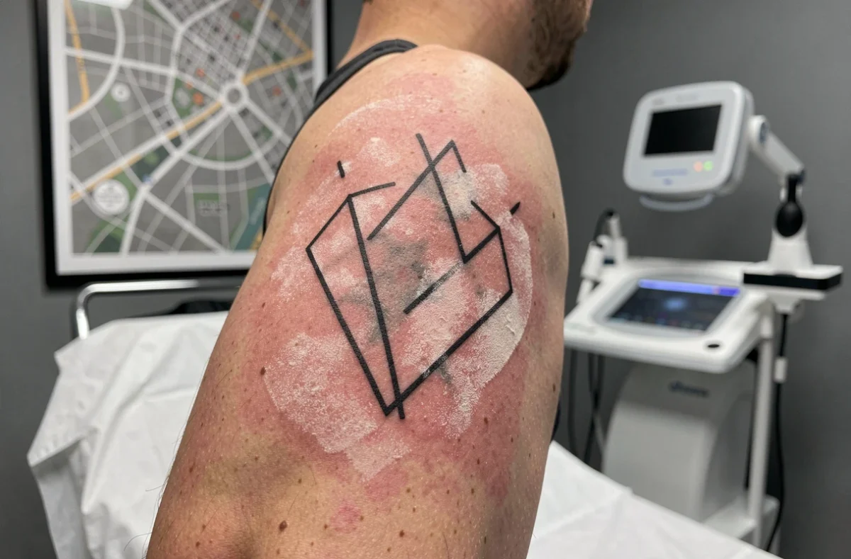 Gros plan sur un tatouage géométrique en cours d'effacement laser sur le bras d'un homme, effet de décoloration visible sur la peau après traitement