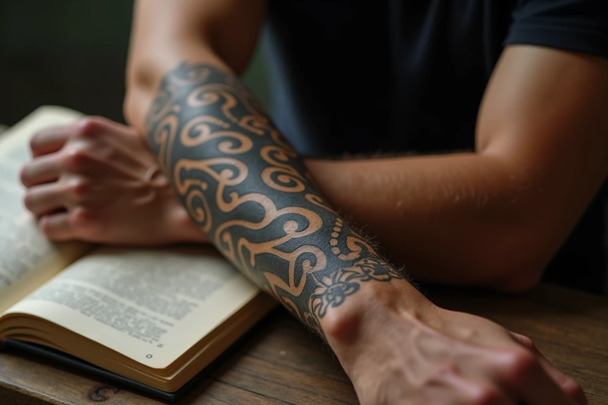 Gros plan d'un tatouage tribal maori fraîchement réalisé sur un avant-bras, motifs koru et géométriques en encre noire intense