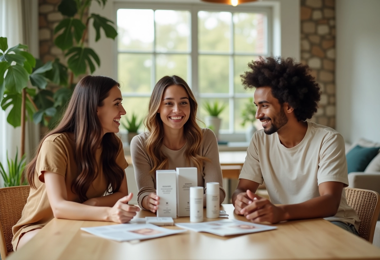 Groupe de jeunes discutant de produits de soin dans un salon lumineux