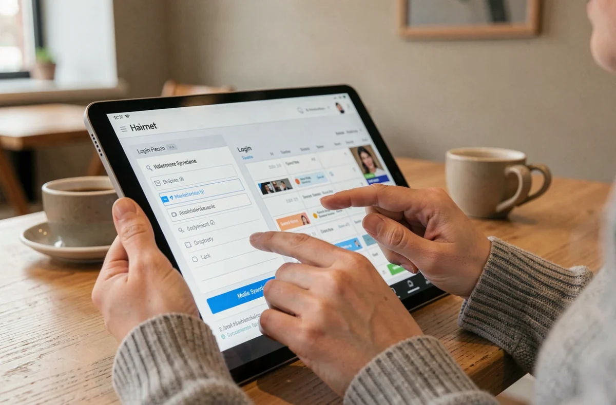 Gros plan sur des mains tenant une tablette affichant un tableau de bord de connexion Hairnet et de synchronisation de calendrier de rendez-vous