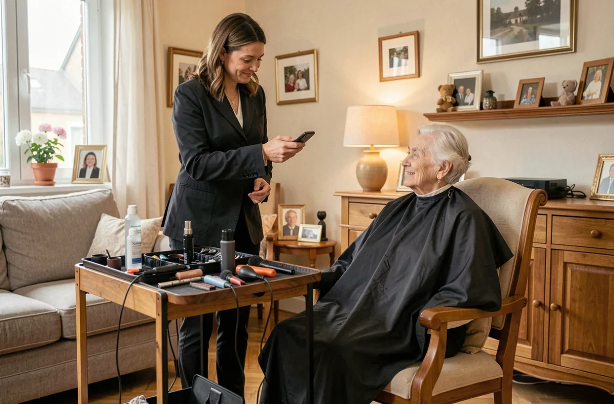 Coiffeuse à domicile installant son matériel dans un salon résidentiel à Crépy-en-Valois avec une cliente âgée assise en cape
