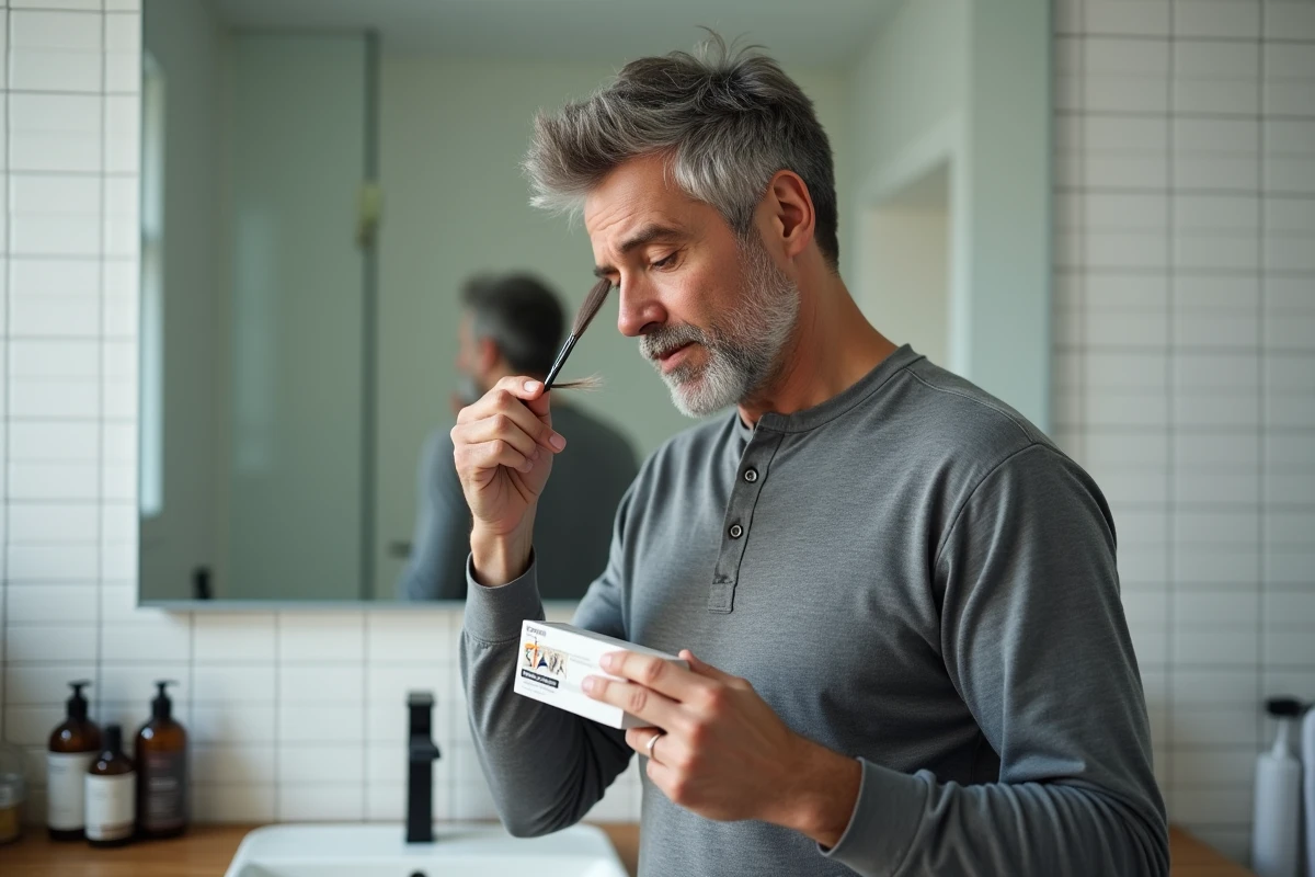 Homme de 45 ans en salle de bain tenant une boîte de teinture cheveux face à un miroir, examinant ses cheveux blancs et gris