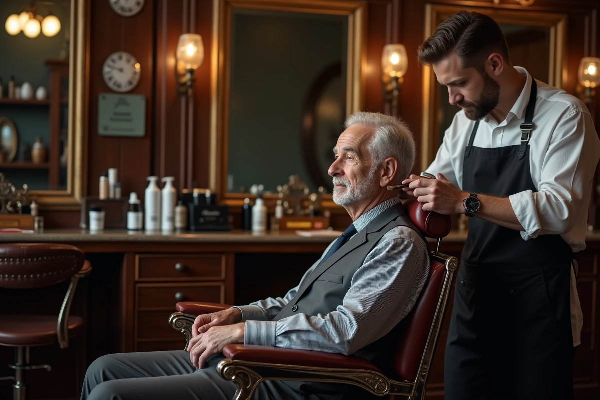 Homme de 60 ans aux cheveux blancs dans un fauteuil de barbier traditionnel pendant l'application d'une teinture capillaire par un coiffeur professionnel