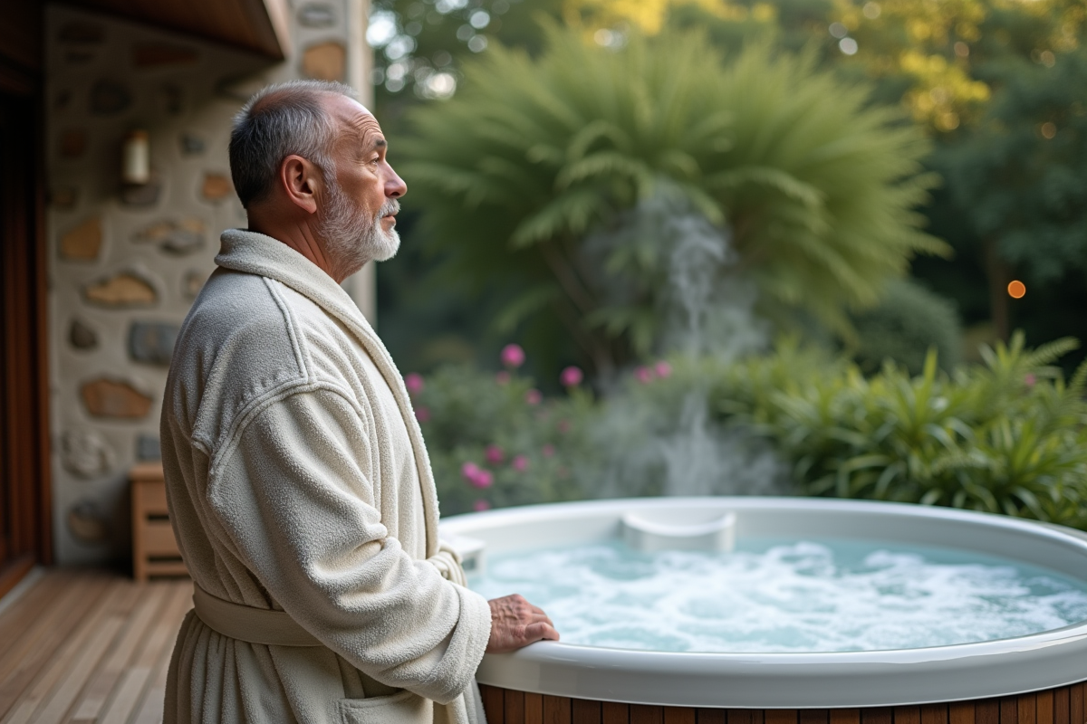 Homme en peignoir contemplant le bain extérieur nature