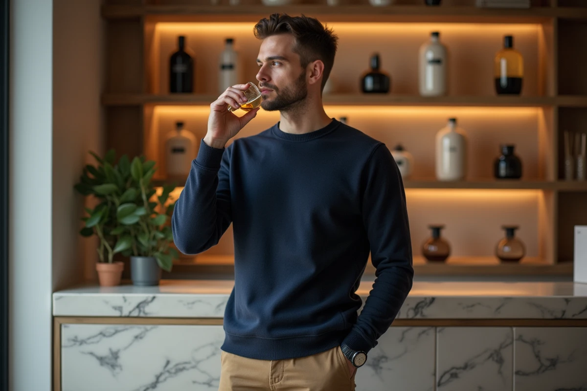 Homme dans une boutique de parfum avec bouteille minimaliste