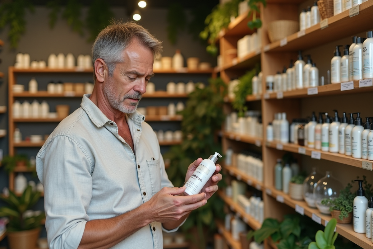Homme examinant produit sans parabene en boutique bio