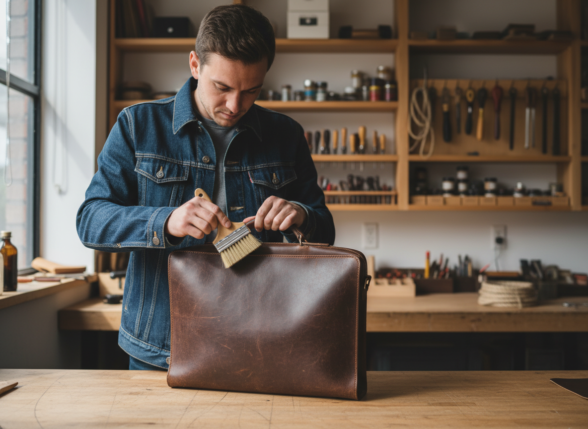 Jeune homme nettoyant un porte-documents en cuir dans un atelier lumineux