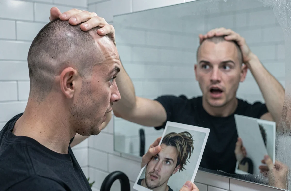 Homme découvrant sa nouvelle coupe buzz cut dans le miroir de sa salle de bain, comparaison avant-après