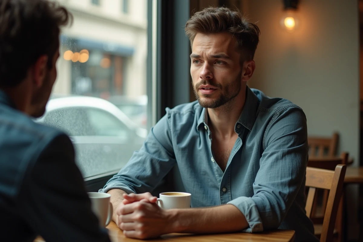 Homme d'une trentaine d'années en conversation dans un café, regard sincère et réflexif, évoquant l'impact durable d'un label de beauté sur la construction identitaire