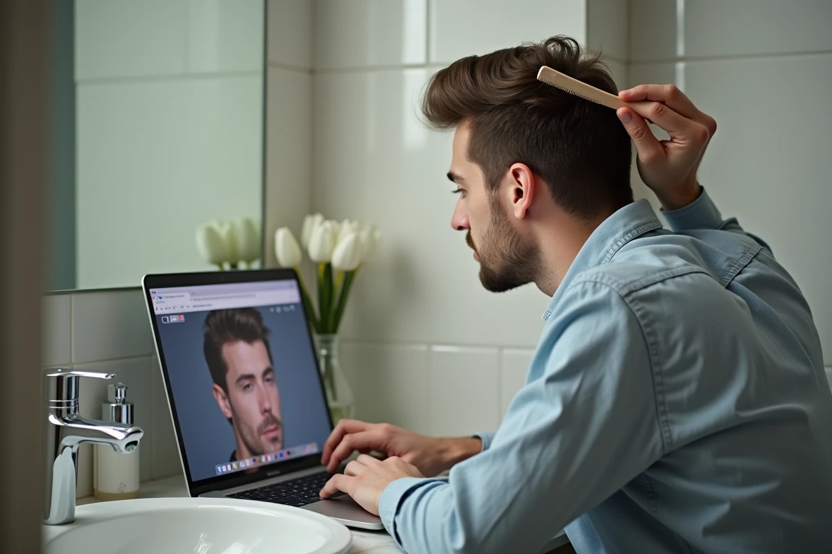 Homme se coiffant dans sa salle de bain lumineuse