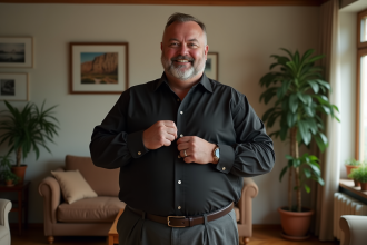 Homme d'âge moyen en shirt ajusté dans un intérieur chaleureux