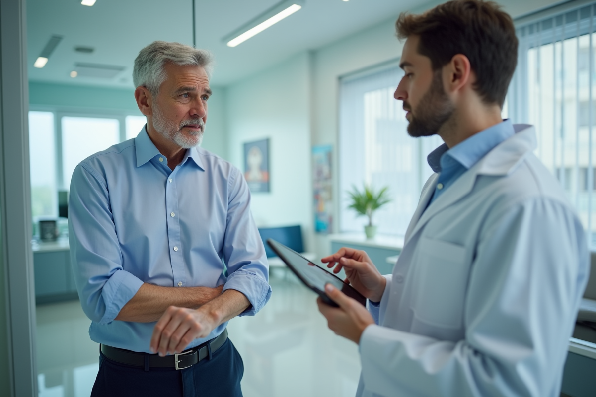 Homme montrant sa tache de naissance au dermatologue