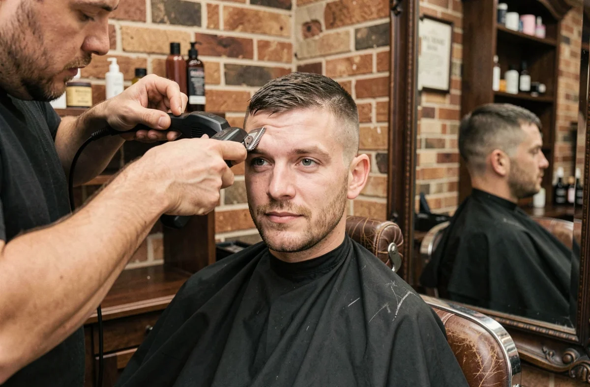Homme en cours de coupe buzz cut dans un salon de barbier, avant-après visible sur une même photo