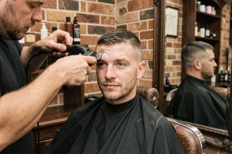 Homme en cours de coupe buzz cut dans un salon de barbier, avant-après visible sur une même photo