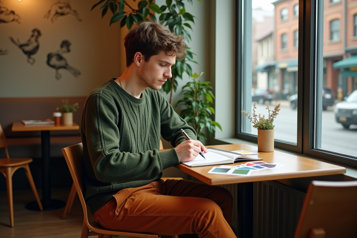 Jeune homme esquisse des échantillons de couleurs au café