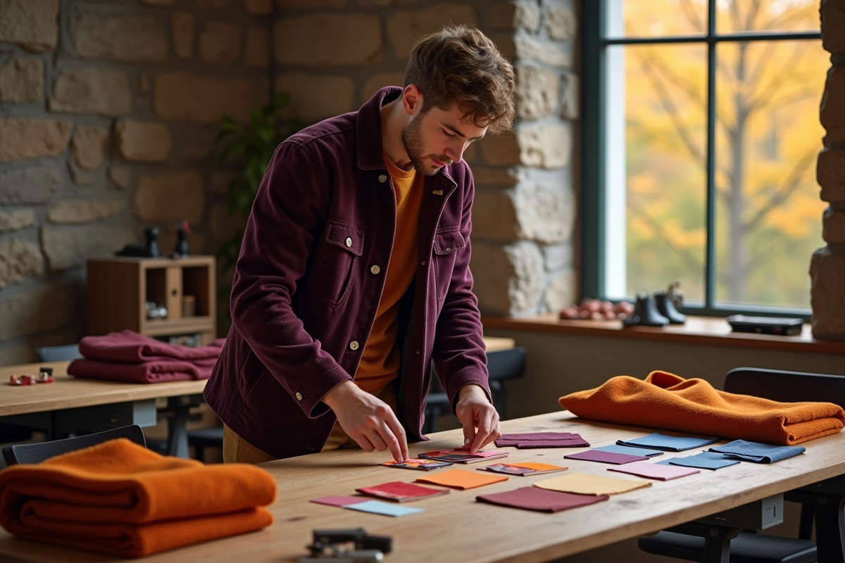 Jeune homme organisant des échantillons de tissus automne