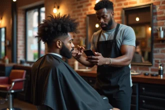 Homme aux cheveux frisés montrant une photo de coupe à son coiffeur dans un salon de barbier moderne