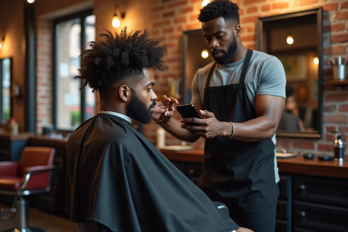 Homme aux cheveux frisés montrant une photo de coupe à son coiffeur dans un salon de barbier moderne