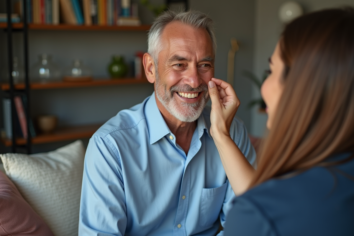 Homme souriant recevant maquillage antiage dans salon chaleureux