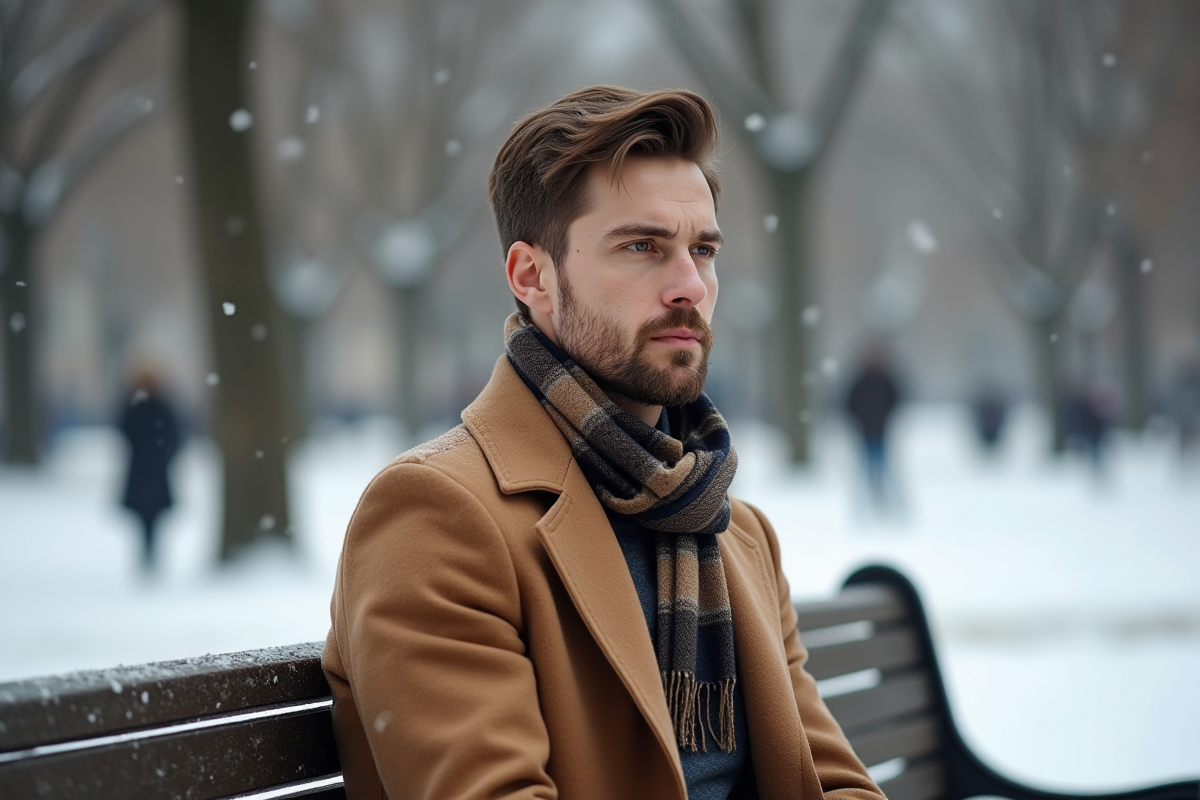 Homme en manteau camel dans un parc enneige