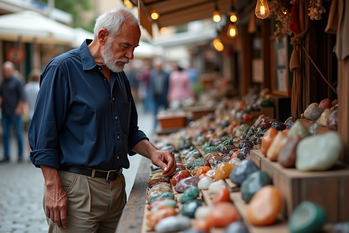 Homme examinant des pierres précieuses dans un marché en plein air